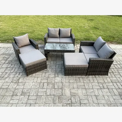 The Range Fimous 7-Seater High-Back Rattan Garden Sofa Set with Glass Coffee Table - Dark Grey Mixed