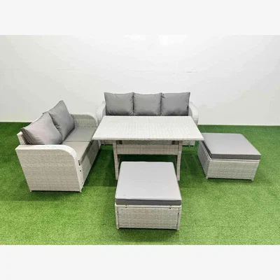The Range Fimous 7-Seater PE Rattan Wicker Garden Sofa Set with Glass Dining Table. - Light Grey