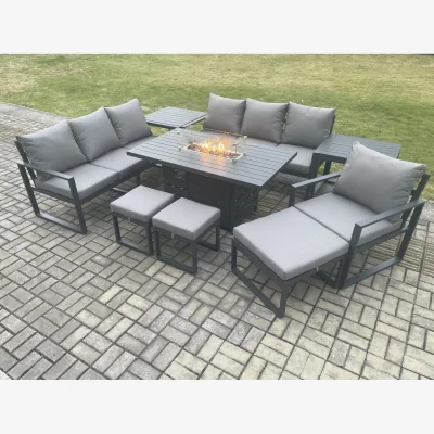 The Range Fimous 9-Piece Aluminium Garden Sofa Set with Cushions & Gas Fire Pit Dining Table, Dark Grey. - Dark Grey