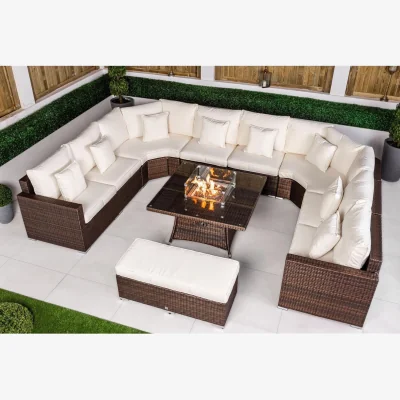 The Range Santorini Modular Rattan Garden Sofa Set with Fire Pit Table & Bench - Brown