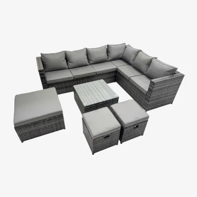 The Range Fimous Outdoor PE Rattan 9-Seat L-Shape Garden Sofa Set with Square Tempered Glass Table. - Dark Grey