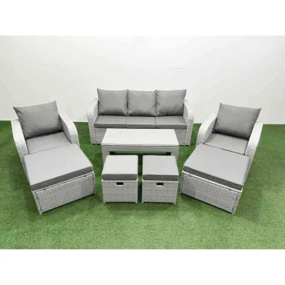 The Range Fimous PE Rattan Outdoor Sofa Set with 2 Recliners, 3-Seater and Table, Light Grey. - Light grey rattan + dark grey fabric