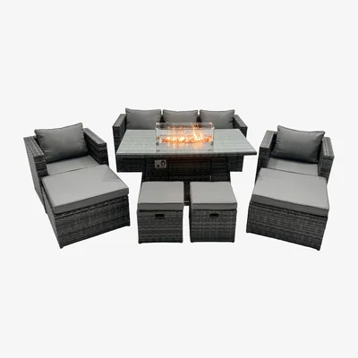 The Range Fimous Rattan 9-Seater Garden Firepit Dining Sofa Set - Dark grey mixed rattan with dark grey fabric