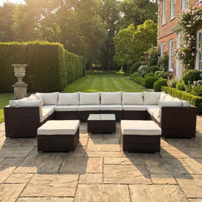 The Range Oliena 11 Piece Modular Rattan Large U-Shape Garden Furniture - Cream on Brown