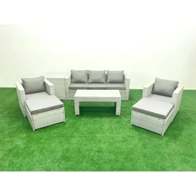 The Range Fimous 7-Seater Outdoor Rattan Garden Sofa Set with 2 Chairs, 2 Stools and Oblong Coffee Table. - Light Grey Mixed