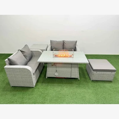 The Range Fimous 5 Seater Outdoor Love Sofa Set with Firepit Dining Table Footstools and Side Table Light Grey - Light grey PE rattan with dark grey fabric