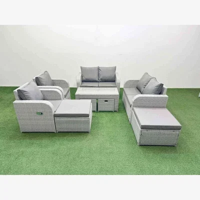 The Range Fimous 10-Seater PE Wicker Rattan Garden Sofa Set with Oblong Glass Table, Light Grey Mixed. - Light Grey Mixed