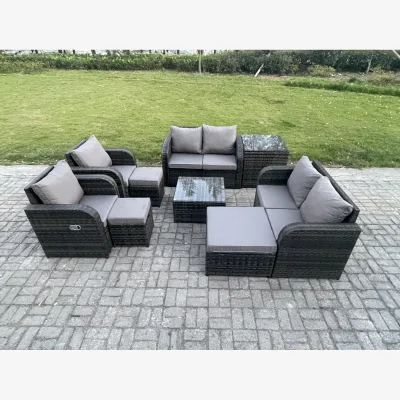 The Range Fimous 9-Seater Rattan Outdoor Lounge Sofa Set with Tempered Glass Tables. - Dark grey mixed rattan with dark grey fabric