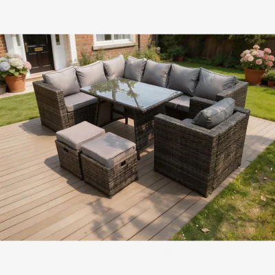 The Range 9 Seater Grey Rattan Corner Sofa Set Garden Furniture Outdoor - Dark Grey Mixed