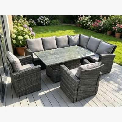 The Range High Back PE Rattan Corner Sofa Set Garden Furniture Rising Table Set - Dark Grey Mixed