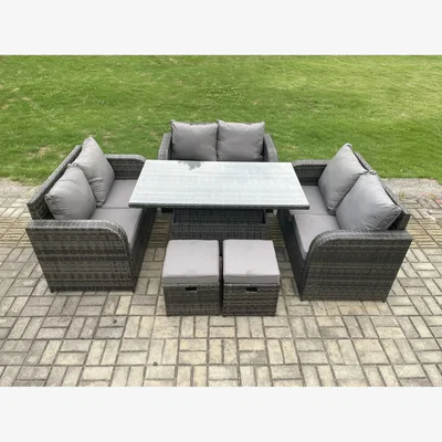 The Range Fimous Rattan Garden Love Sofa Set with Adjustable Lifting Dining Table and 2 Footstools. - Dark Grey