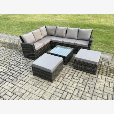 The Range Fimous 8-Seater Rattan Garden Corner Sofa Set with Square Tempered Glass Table, Dark Grey Mixed - Dark Grey Mixed