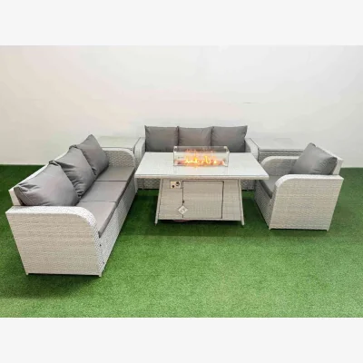 The Range Fimous 7-Seater Poly Rattan Firepit Dining Sofa Set Light Grey - Light grey PE rattan with dark grey fabric