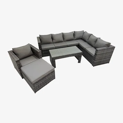 The Range Fimous Outdoor 8-Seater Dark Grey Mixed Rattan Corner Sofa Set with Tempered Glass Coffee Table. - Dark grey mixed rattan with dark grey fabric