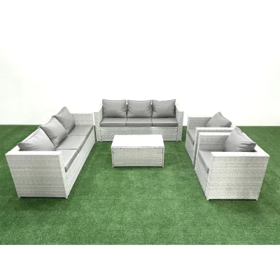 The Range Fimous PE Rattan 8-Seater Garden Sofa Set with 2 Armchairs and Glass Table - Light Grey Mixed