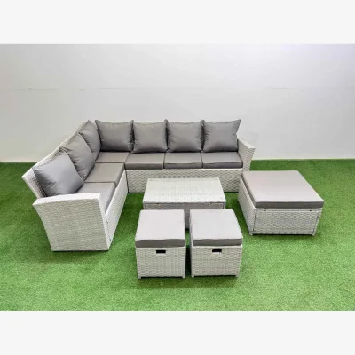 The Range Fimous 9 Seater PE Rattan Garden Sofa Set with Oblong Glass Coffee Table, Light Grey Mixed. - Light Grey Mixed