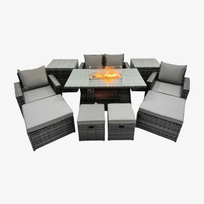The Range Fimous 8-Seat Rattan Garden Sofa Set with Gas Fire Pit Dining Table Dark Grey Mixed - Dark Grey Mixed