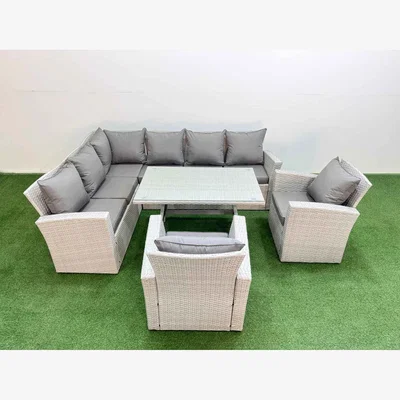 The Range Fimous Outdoor 8-Seater PE Rattan Corner Sofa Set with Tempered Glass Table, Light Grey Mixed. - Light grey rattan + dark grey fabric