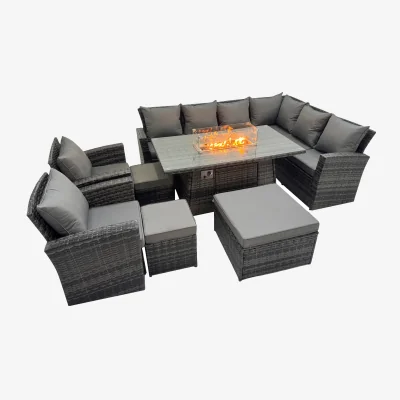 The Range Fimous 8-Piece Outdoor Rattan Corner Sofa Set with Gas Fire Pit Table, Dark Grey Mixed - Dark Grey Mixed