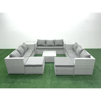 The Range Fimous 11-Seater Rattan Garden Sofa Set with Two Footstools and Side Table, Light Grey Mixed - Light Grey Mixed