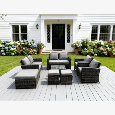 The Range 9 Seater High Back Rattan Sofa Set Coffee Table Garden Furniture - Dark Grey Mixed
