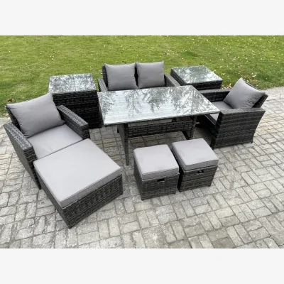 The Range Fimous 7-Seater PE Rattan Outdoor Dining and Lounge Set - Dark grey mixed rattan with dark grey fabric