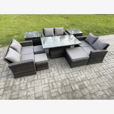 The Range Fimous 9-seat Rattan Garden Sofa Set with Adjustable Table, Dark Grey - Dark grey mixed rattan with dark grey fabric