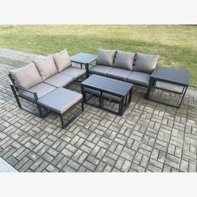 The Range Fimous Aluminium 9-Seater Outdoor Patio Sofa Set with Coffee Tables and Footstools, Dark Grey. - Dark grey powder coated with dark grey fabric