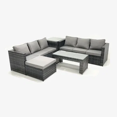 The Range Fimous 7-Seater Outdoor Wicker Rattan Lounge Sofa Set with Coffee Table, Side Table and Footstool. - Dark Grey Mixed