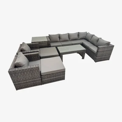 The Range Fimous Outdoor Rattan Corner Sofa Set with Oblong Coffee Table 2 Chairs 2 Stools Dark Grey Mixed - Dark Grey Mixed
