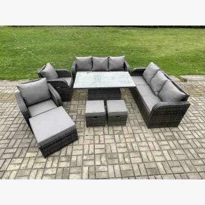 The Range Fimous PE Rattan Outdoor Sofa Set with Reclining Chairs & 3 Footstools, Dark Grey - Dark Grey