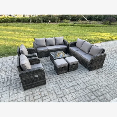 The Range Fimous 10-Seater High Back Rattan Garden Sofa Set with Tempered Glass Table. - Dark grey mixed rattan with dark grey fabric