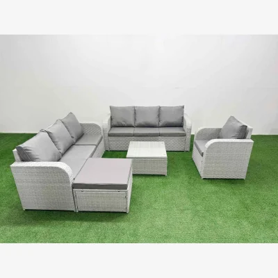 The Range Fimous 8-Seater PE Rattan Outdoor Sofa Set with Reclining Chairs and Square Tempered-Glass Table. - Light grey mixed rattan with dark grey fabric