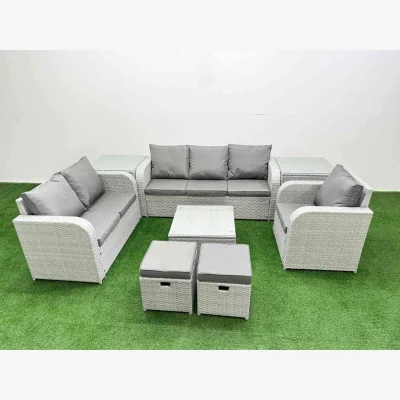 The Range Fimous Patio PE Wicker 8-Seater Outdoor Rattan Sofa Set with Reclining Chairs. - Light Grey