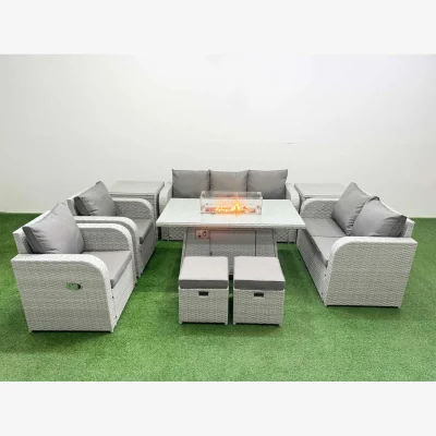 The Range Fimous PE Rattan 7-Piece Garden Lounge Set with Firepit Dining Table and Reclining Chairs. - Light Grey