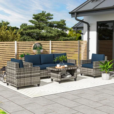 The Range Outsunny 6 Pieces Rattan Garden Furniture Set for Balcony - Blue