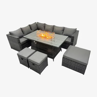 The Range 9 Seater Rattan Corner Sofa Set Gas Firepit Dining Table Set Patio - Dark Grey Mixed