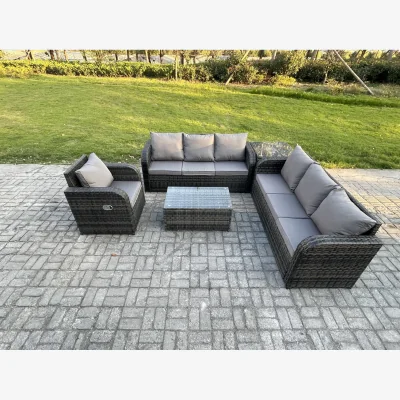 The Range Fimous 7-Seater Dark Grey Rattan Garden Sofa Set with Tempered Glass Tables and Reclining Chair - Dark grey mixed rattan with dark grey fabric