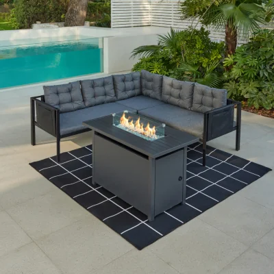The Range Tara Black L-Shape Garden Sofa Set with Optional Fire Pit Table - Sofa, Coffee Table, Large Fire Pit Table