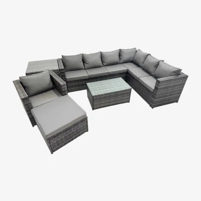 The Range Fimous 8-Seater L-Shaped Rattan Garden Sofa Set with Tempered Glass Coffee Table Dark Grey Mixed - Dark grey mixed PE Rattan