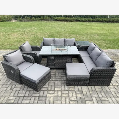 The Range Fimous 10-Seater Dark Grey Rattan Outdoor Sofa Set with Gas Fire Pit Table. - Dark Grey