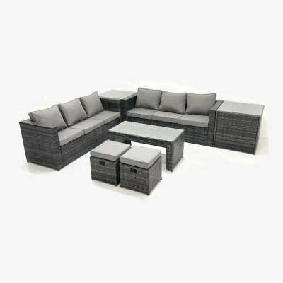 The Range Fimous 8-Seat Dark Grey Mixed PE Rattan Outdoor Sofa Set with Coffee Table and Stools. - Dark Grey Mixed