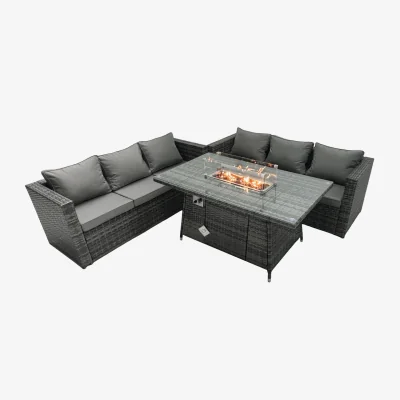 The Range 6 Seater Outdoor Rattan Sofa Set Garden Furniture Gas Firepit Set - Dark Grey Mixed