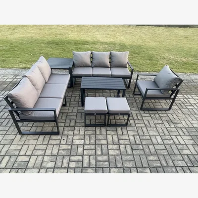 The Range Fimous Aluminium 9-Seater Garden Sofa Set with Coffee Tables and Stools, Dark Grey. - Dark grey powder coated with dark grey fabric