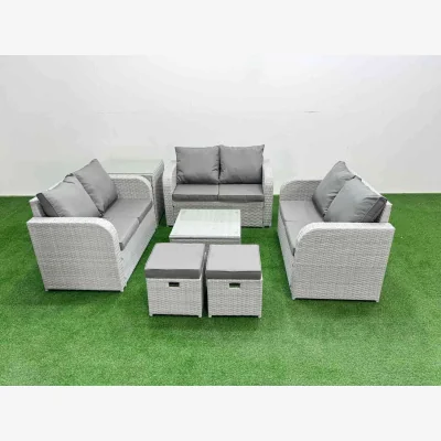 The Range Fimous 8-Seater PE Rattan Garden Sofa Set with Tempered Glass Coffee Table, Side Table and Stools. - Light Grey