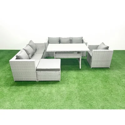 The Range Fimous 5-Piece Outdoor Rattan Sofa Set with Cushions and Dining Table - Light grey mixed rattan with dark grey fabric