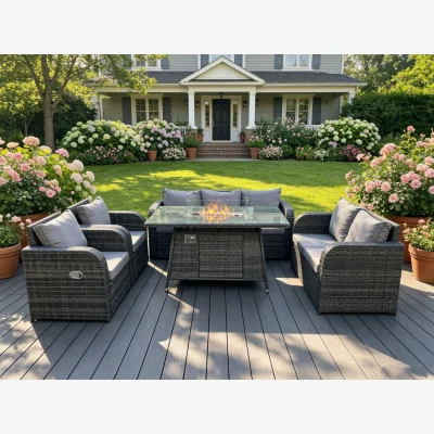The Range Rattan 7 Seater Gas Fire Pit Sofa Set Love Sofa Reclining Chairs - Dark Grey Mixed