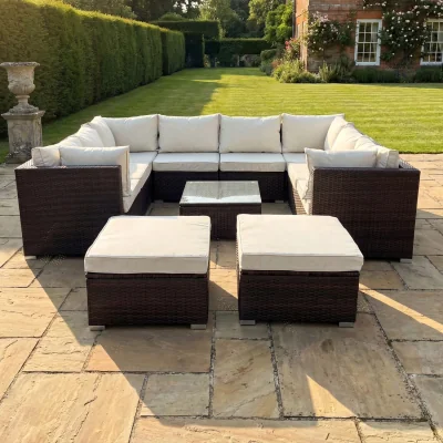 The Range Oliena 9 Piece Modular Rattan Small U-Shape Garden Furniture - Cream on Brown