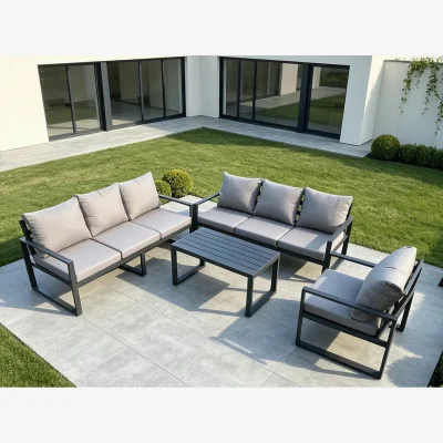 The Range 7-Seater Aluminium Garden Patio Sofa Set Rectangular Coffee Table & Chair - Dark grey