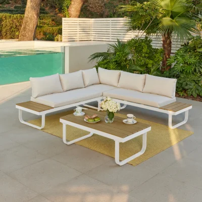 The Range Roman Aluminium L-Shape Garden Sofa Set with Optional Fire Pit Table - White / Sofa, Coffee Table
